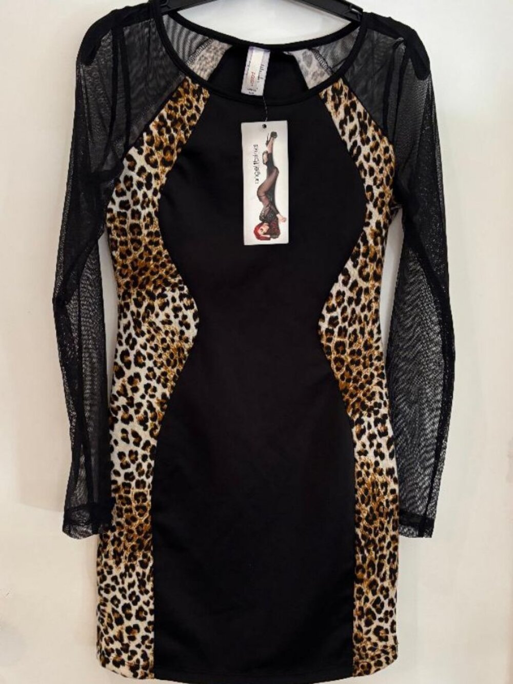 Angel Brinks Leopard, Black Print Bodycon Dress M